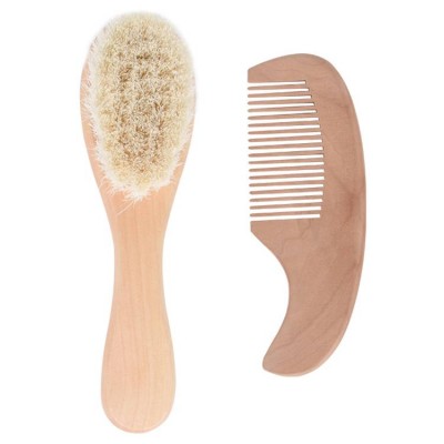 Comfortable soft popular approved small pure hard natural set of 2 mini goat bristle wooden baby hair brush bling comb set